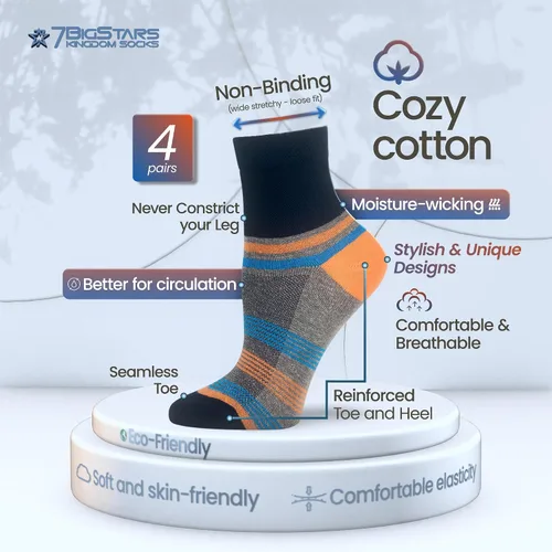 Vista 15 de 7BIGSTARS KINGDOM Women's Cotton Quarter Non-Binding Diabetic Fashion Socks-L-M-4 Pack-Multicolor