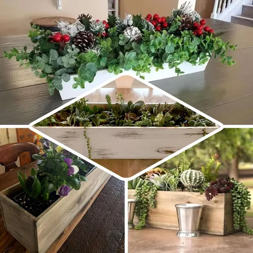 Vista 5 de Efavormart - Juego de macetas de madera rectangular natural de 24 x 6 pulgadas con forros de plástico extraíbles