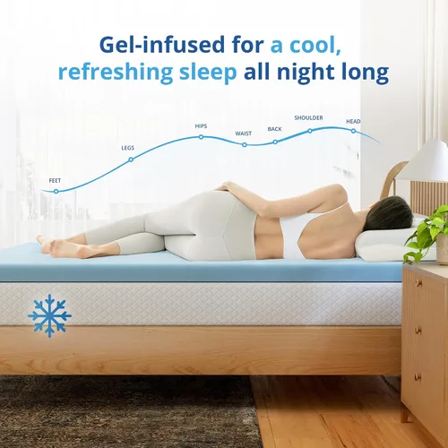 Vista 3 de EGOHOME Cubrecolchón de espuma viscoelástica individual de 2 pulgadas, con infusión de gel refrescante Azul