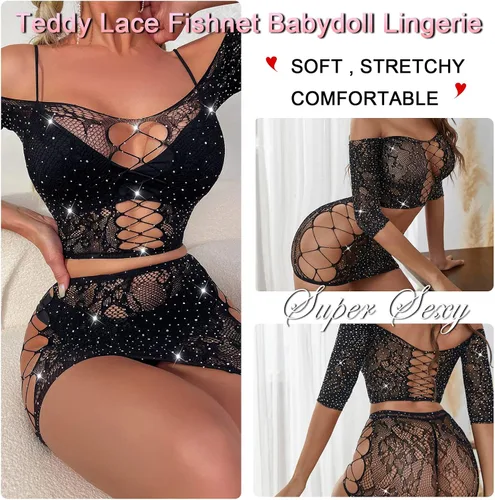Vista 5 de QCWQMYL Conjunto de lencería para mujer, diseño de malla de encaje travieso, body de 2 piezas