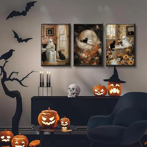 Vista 2 de 3 pósteres de fantasmas de Halloween, arte de pared divertidos de fantasmas y gatos negros, lienzo para decoración de pared, arte de terror gótico