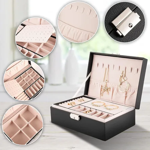 Vista 5 de Organizador de joyas para mujer organizador grande de joyas de viaje de 2 capas de piel sintética con forro suave para mujeres y niñas anillos