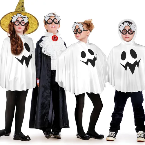 Vista 7 de Lewtemi Juego de 4 disfraces de Halloween para niños, disfraz de fantasma blanco, incluye gafas de cosplay, capa de fantasma, cubo de calabaza
