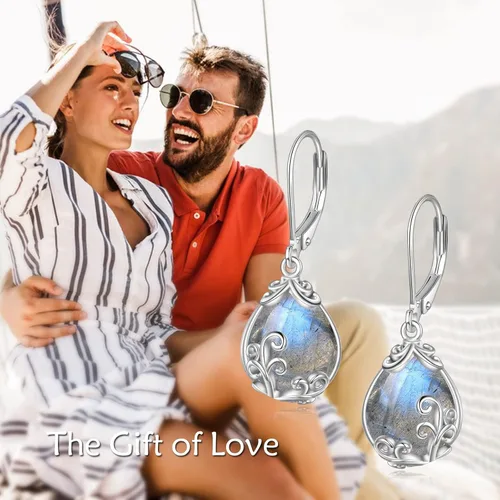 Vista 3 de POPLYKE - Aretes colgantes de plata de ley con forma de lágrima de lágrima celta de piedra lunar