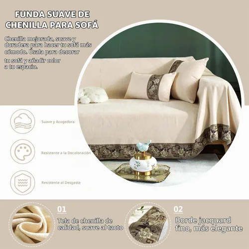 Vista 3 de Funda de sofá vintage beige, lavable, de chenilla, 71 x 150 pulgadas Damasco Borde Beige