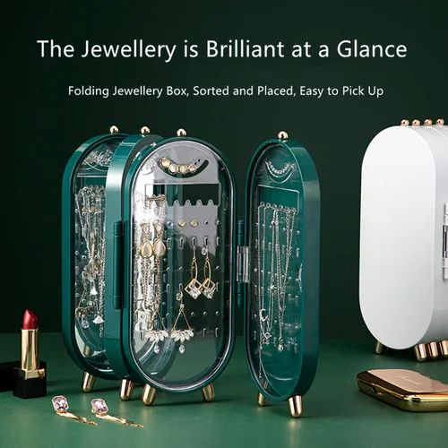 Vista 3 de Cajas de joyería plegables para mujer, organizadores de joyas ABS+PS con espejo, organizador de aretes a prueba de polvo con estante de exhibición