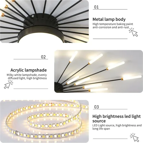 Vista 5 de Lámpara de techo LED moderna, anillo negro empotrado, lámpara de techo con control remoto, lámpara de techo acrílica para dormitorio, pasillo, isla