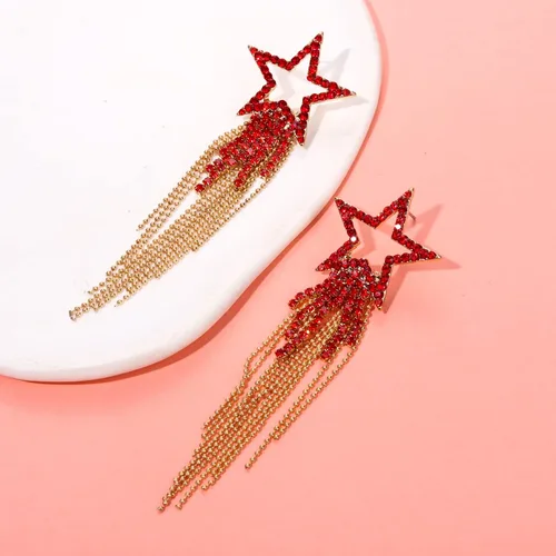 Vista 7 de Pendientes de borla para mujer, diseño de estrella, de cristal, estilo bohemio, cascada, con flecos, aretes colgantes