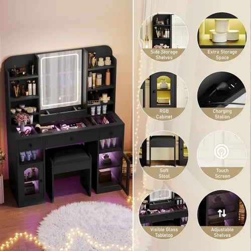 Vista 5 de Escritorio de tocador de 43.2 pulgadas con iluminación controlada por aplicación, tocador de maquillaje con espejo LED y luces RGB iluminadas Negro
