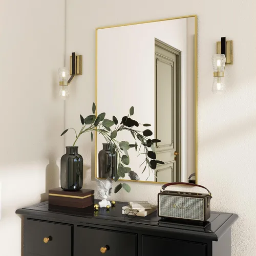 Vista 11 de BEAUTYPEAK Espejo de pared rectangular dorado de 24 x 36 pulgadas con marco de metal, se cuelga horizontal o vertical para sala de estar