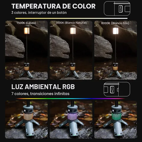 Vista 2 de Luces de camping telescópicas, luces de camping recargables con soporte, linternas de camping plegables de 12000mAh, linternas portátiles con base