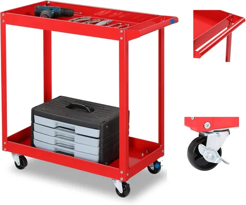 Vista 7 de TUFFIOM - Carrito de herramientas rodante de 2 niveles, carrito de servicio industrial con ruedas con 2 frenos, carrito utilitario de acero