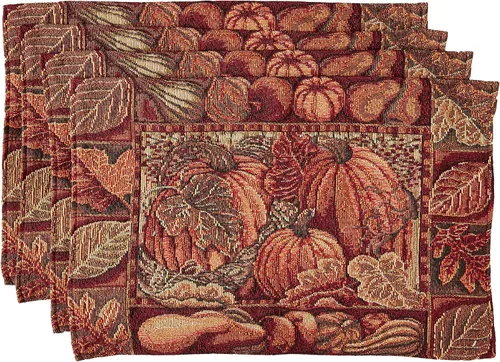 Vista 7 de Colección Fall Harvest - Tapiz Cornucopia con diseño de calabazas y frutas, juego de cuatro manteles individuales de 13 x 19 pulgadas
