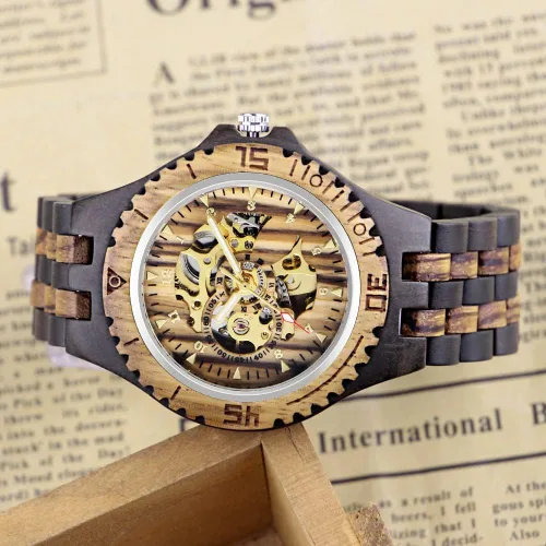 Vista 3 de Dentily Reloj mecánico de madera para hombre, esqueleto con movimiento automático, reloj de madera con números árabes, relojes de cuerda automática