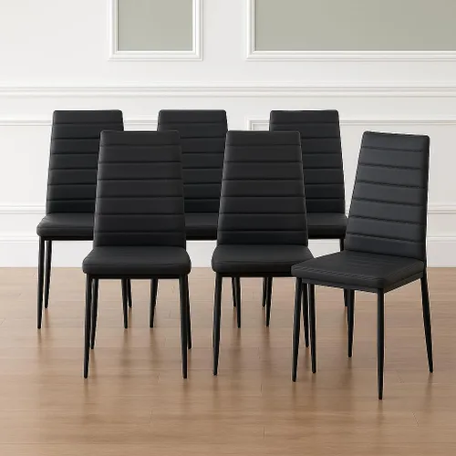 Vista 15 de Juego de sillas de comedor de 6 piezas, cuero sintético negro moderno, respaldo alto tapizado, marco de acero, cocina cómoda, muebles de comedor