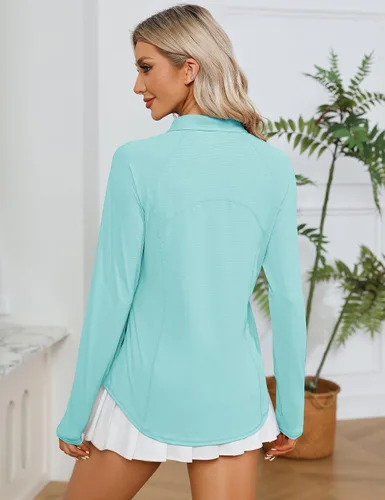 Vista 6 de LOMON Camisas de manga larga para mujer, protección solar, cremallera de 14, de verano, de secado rápido, para senderismo, con cremallera de un