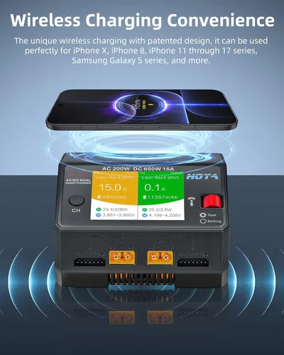 Vista 6 de HOTA D6 Pro Lipo Cargador de batería, doble canal 15A AC200W DC650W Cargador de equilibrio inteligente con panel de carga inalámbrico Salida USB
