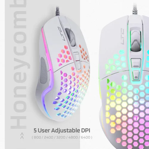 Vista 5 de LTC Circle Pit HM-001 RGB - Mouse para juegos con carcasa ligera de panal de abeja 6400 DPI 6 botones programables color blanco