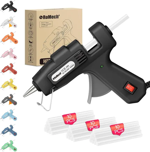 Vista 11 de ROMECH Mini pistola de pegamento caliente de 20 W con set de 30 barras de pegamento, kit de pistola de pegamento caliente de precalentamiento rápido