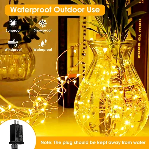Vista 2 de Guirnalda de 300 luces LED extralargas de 99 pies enchufables con control remoto, tira de luces impermeables para exteriores e interiores, 8 modos