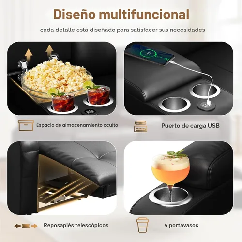 Vista 4 de Sofá reclinable de dos plazas, asientos de cine en casa, sofá reclinable con USB, consola central, sillón reclinable de pared para caravana