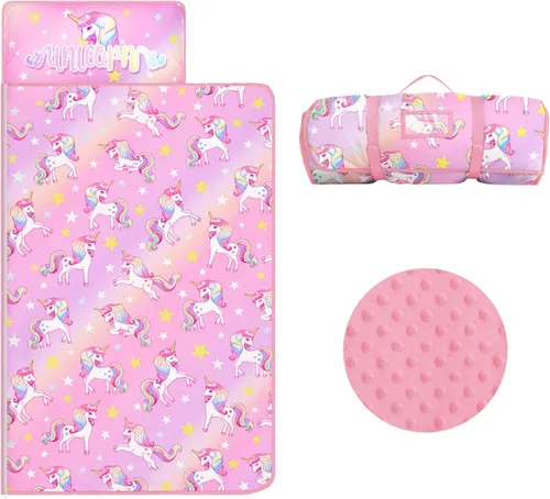 Vista 12 de Colchoneta portátil para siesta para niños con almohada extraíble y manta para niñas y niños, saco de dormir ligero extra grande para preescolar