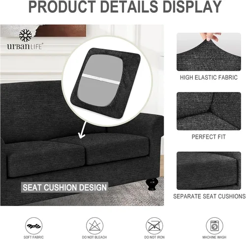 Vista 6 de URBANLIFE Funda elástica para sofá de 3 piezas, lavable a máquina, para sofá de 2 cojines, súper elástico, antideslizante, protector de muebles