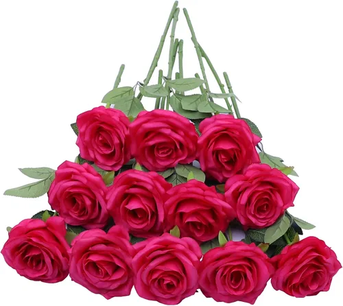 Vista 19 de Flores artificiales de rosa, rosas artificiales, rosas de seda, rosas falsas de aspecto real con tallos para manualidades, ramos de boda, centros