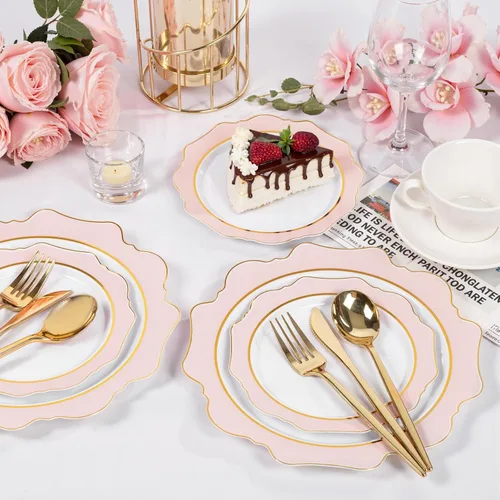 Vista 2 de 100 platos de plástico rosa - Platos desechables rosa y dorado resistentes - Incluye 50 platos para cena y 50 platos para pastel para el día de San