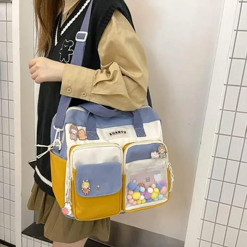 Vista 3 de Mochila Kawaii con dije de peluche, bonita bolsa cruzada estética para mensajero para el regreso a la escuela, suministros para la estación, Azul