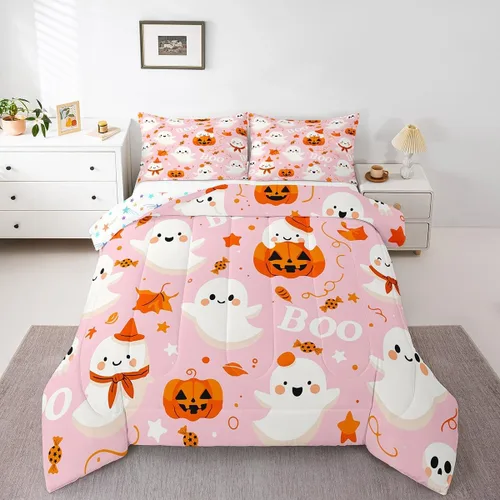 Vista 15 de Feelyou Juego de edredón de Halloween, color rosa fantasma, juego de ropa de cama tamaño individual, decoración para niños y niñas, lindo juego