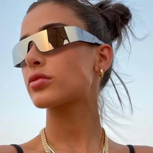 Vista 2 de Hycredi Y2K - Lentes de sol envolventes futuristas sin montura para mujeres y hombres lentes de visera de una pieza persianas Cyber Punk