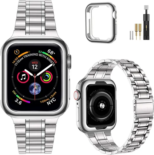 Vista 23 de MioHHR - Correas sólidas de acero inoxidable compatibles con Apple Watch de 38 mm, 40 mm, 41 mm, correa de metal con estuche suave de TPU para Negro
