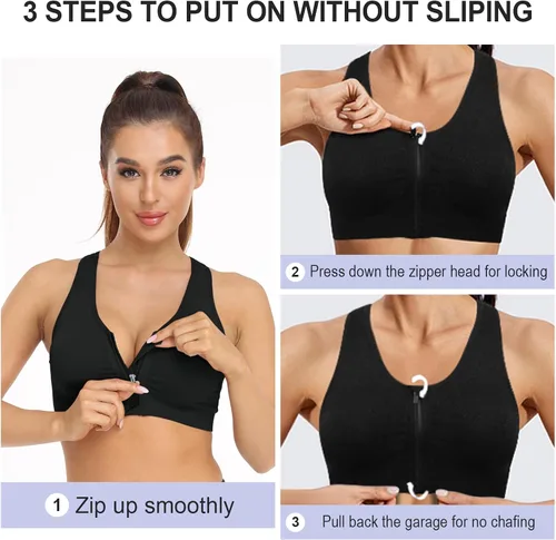 Vista 7 de Sujetador deportivo con cremallera frontal para mujer, brasier deportivo inalámbrico para postcirugía, brasier deportivo de yoga activo