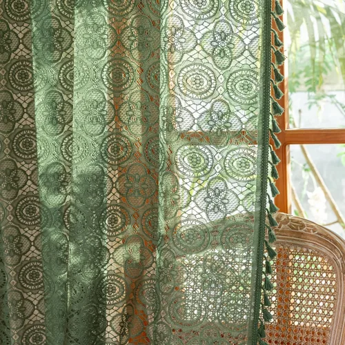 Vista 30 de YJ YANJUN - Cortinas de café boho, 24 pulgadas de largo, 2 paneles, cada una de 59" de ancho x 24" de largo, beige, con crochet, cortinas de cocina