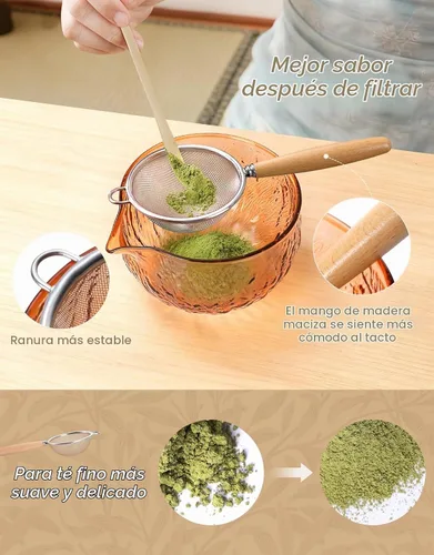 Vista 5 de Juego de batidor de matcha, 7 piezas, el kit de matcha incluye cuenco matcha, batidor y soporte de matcha, cuchara de bambú, cuchara, tamiz y toalla