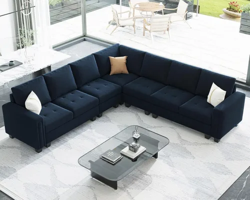 Vista 3 de Belffin Sofá modular de terciopelo en forma de L, sofá seccional convertible de gran tamaño con diván reversible para sala de estar, azul