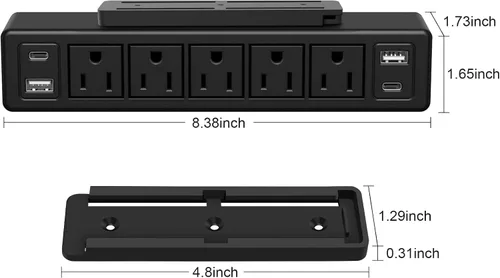 Vista 6 de Regleta de alimentación montable para debajo del escritorio de 40 W, enchufe plano de carga rápida USB-C de 20 W, protector de sobretensiones 1200J