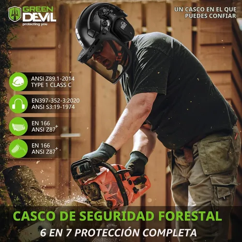 Vista 6 de Casco de seguridad para motosierra forestal GREEN DEVIL con orejeras Bluetooth Casco de arborista Casco duro con visera incorporada Protector facial