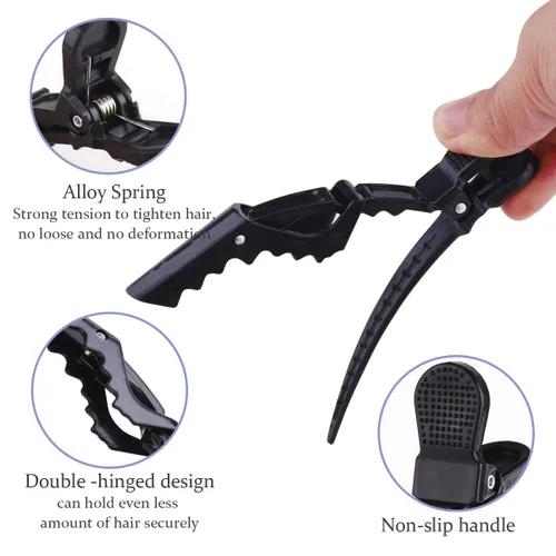 Vista 2 de GLAMFIELDS 12 pinzas para el pelo de cocodrilo negro para mujeres, peluquería de peluquería, clip profesional de agarre de plástico antideslizante