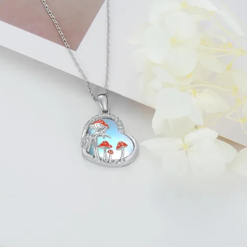 Vista 4 de LELOUCHY Moonstone Necklace for Women 925 Sterling Silver Heart Necklace Highland CowMushroom Pendant Necklace Cute Animal Necklace Jewelry Gifts