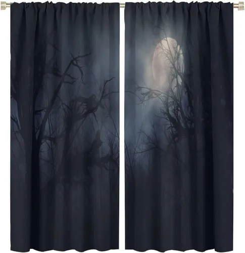 Vista 32 de Cortinas góticas rústicas con estampado de cuervo de bosque brumoso, rama, luna, bolsillo para barra, cortinas de ventana para dormitorio, sala