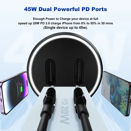 Vista 5 de Cargador de coche para iPhone 14 13, [certificado Apple MFi] Adaptador rápido USB C de 45 W de doble puerto USB C para automóvil con cable Lightning