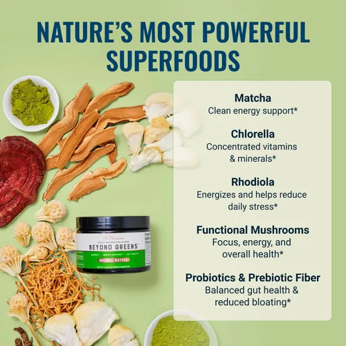 Vista 2 de Live Conscious Beyond Greens Superfood Powder – Delicioso polvo deshinchante Super Greens – Mezcla de verduras Matcha con clorella, equinácea