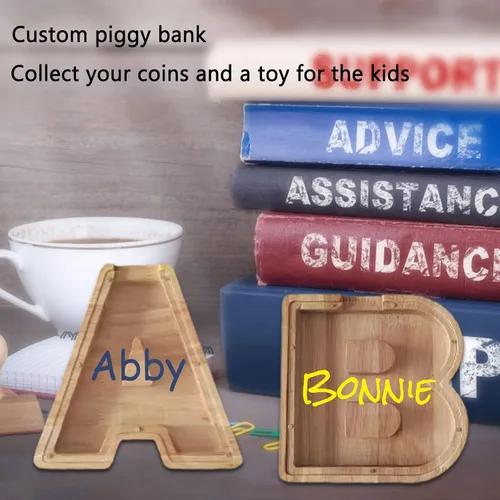 Vista 6 de Alcancía personalizada con nombre de madera con nombre de la A a la Z, alfabeto de la A a la Z, para decoración del hogar para niños y adultos
