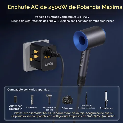 Vista 5 de Adaptador de viaje universal en todo el mundo con 2 USB-A y 2 USB-C y 1 Negro