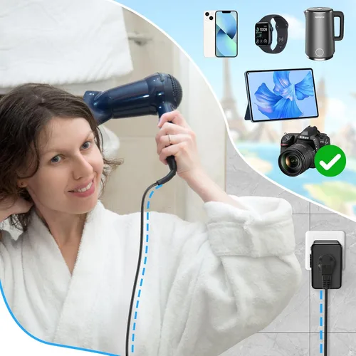 Vista 2 de Convertidor de voltaje de 220 V a 110 V de Estados Unidos a Europa para secador de pelo, adaptador de convertidor de corriente combinado con carga