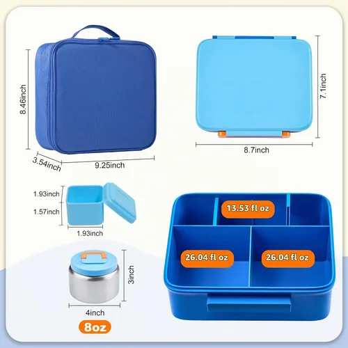Vista 2 de Lonchera Bento para niños con termo, a prueba de fugas, con tarro de comida aislado de 8 onzas, bolsa de almuerzo, sin BPA, apta para lavavajillas