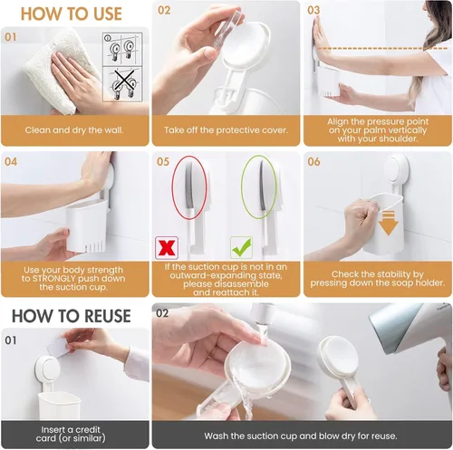 Vista 10 de LEVERLOC Potente soporte para cepillo de dientes con ventosa, soporte de ducha de pared sin taladros para cepillo de dientes, pasta de dientes