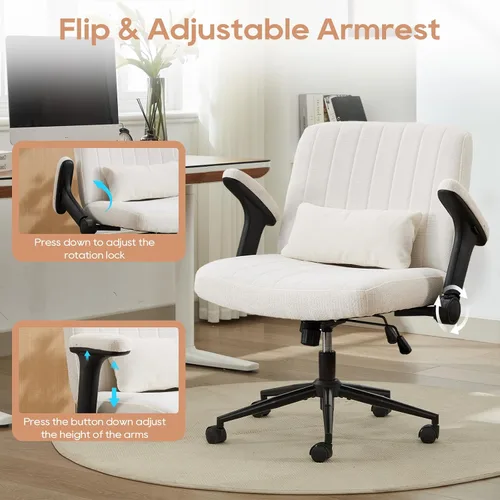 Vista 4 de IPKIG Silla cruzada con brazos abatibles ajustables, silla de tocador con ruedas, cómoda silla de escritorio con almohada lumbar, silla de oficina
